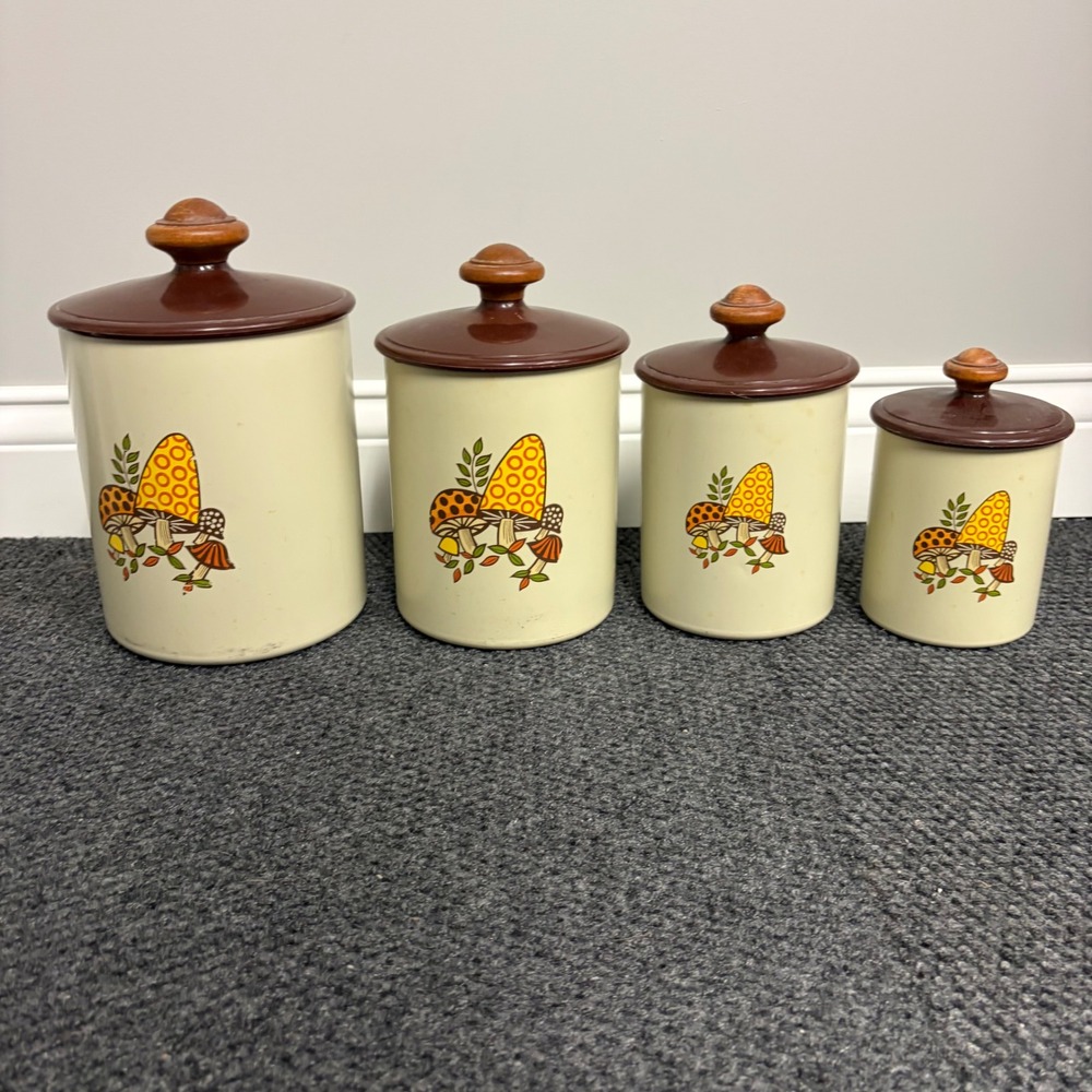 Vintage West Bend Mushroom Canister Set 4 Piece Metal Nesting Kitchen Jars 70s